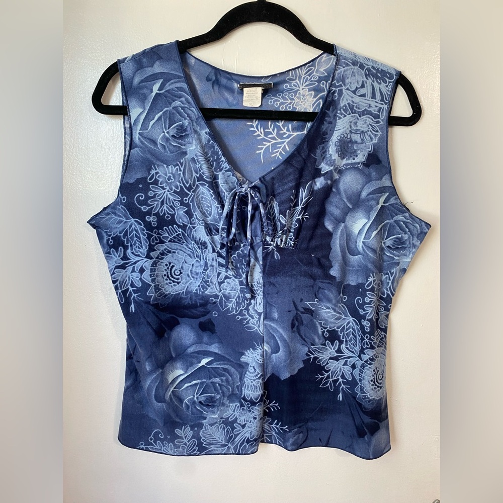 Y2K Blue Floral Print V-Neck Tie Front Sleeveless Blouse XL